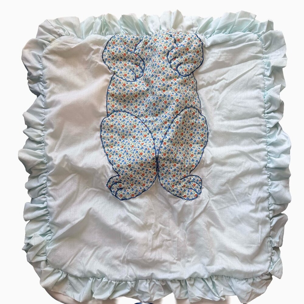 Vintage 80s Calico Floral Teddy Bear Baby Quilted Pillow Nursery Decor Cottage